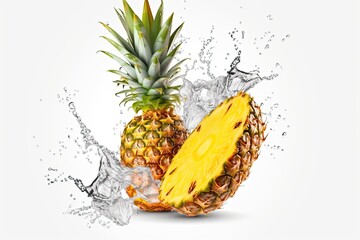 Fresh juicy pineapple fruit with water splash isolated on white background. Generative AI - obrazy, fototapety, plakaty