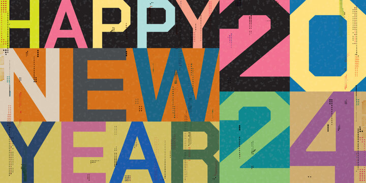 Colorful Happy New Year 2024 calligraphy retro style flat design vector illustration with risograph printing effect.