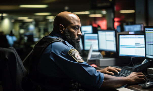 Dedicated to Duty: Officer Surveying Multiple Displays in 911 Center