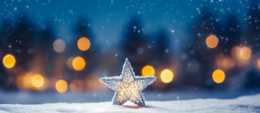 A silver star ornament on a snowy ground with a blurred background of trees and lights. Blue tone conveys a winter or holiday theme. Winter background.