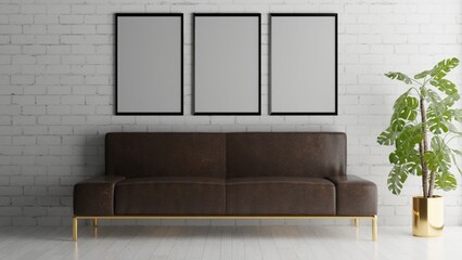 White Brick Wall Modern Living Room with Brown Leather Sofa and Gold accents Framed Print Mockup