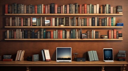 E-reader display, digital library, literary variety, e-book collection, virtual bookshelf, reading convenience, extensive e-book choices. Generated by AI. - obrazy, fototapety, plakaty
