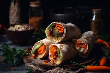 Lavash rolls with pickled vegetables and herbs. Generative AI. - obrazy, fototapety, plakaty