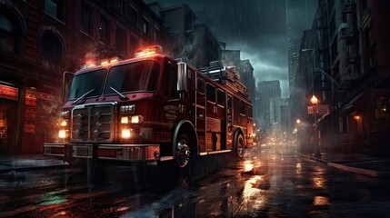 Reflective emergency lights, wet pavement, firefighting readiness, striking visuals, safety commitment. Generated by AI.
