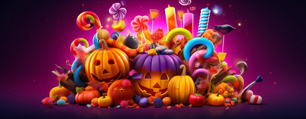 purple holiday celebration spider halloween party sweet pumpkin orange candy. Generative AI.