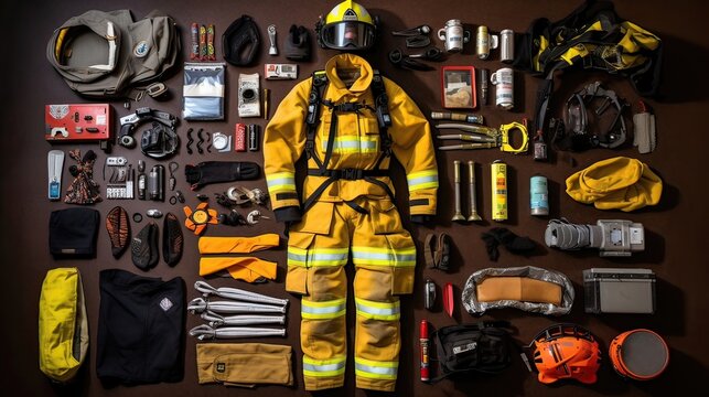 Essential firefighting tools, equipment bag organization, emergency response, safety commitment. Generated by AI.