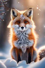 Fotobehang Poolvos beautiful fox on a winter background with snow in backlight