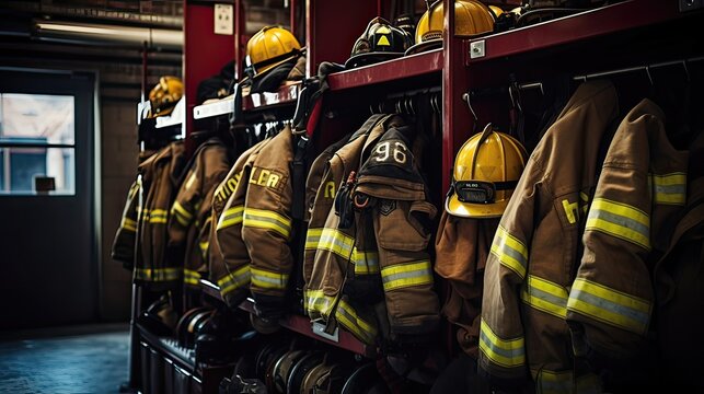 Essential equipment, firefighting gear, safety equipment, helmets, jackets, gloves, boots, organized display, professional gear, first responders, protective clothing. Generated by AI.