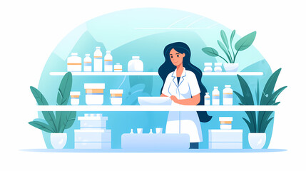 Woman In A Lab Coat Standing In Front Of Shelves With Bottles