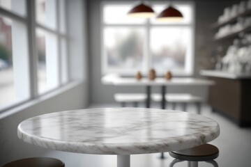 Empty white marble table on the defocused kitchen background