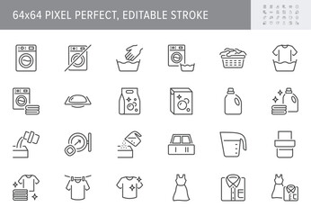 Laundry process line icons. Vector illustration include icon - washing machine, shirt, liquid detergent, basin, beaker outline pictogram for cloth cleaning. 64x64 Pixel Perfect, Editable Stroke