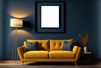 Mockup of a poster frame on the blue wall in the living room with yellow sofa