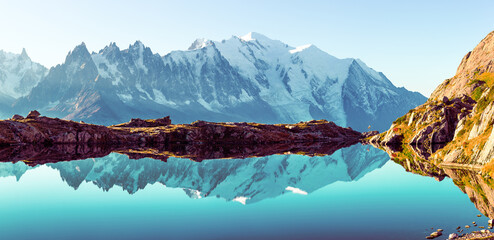 Monte Bianco mountains range and Chesery lake in French Alps. Landscape photography panorama, Chamonix