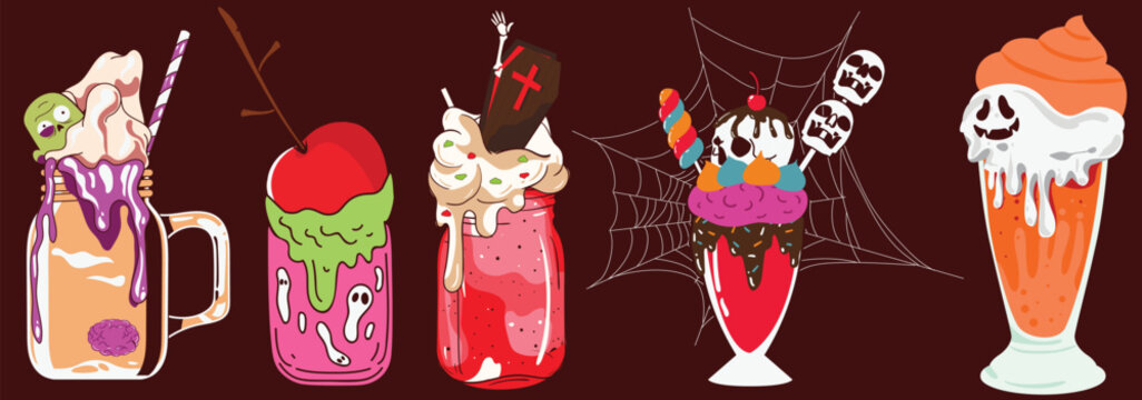 Halloween Ice Cream Drinks in Spooky Glass to Celebrate The Spooky Season in October, Halloween Food and Drinks Vector Set