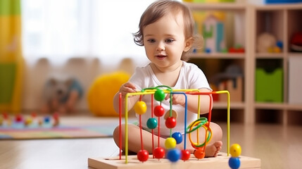 baby girl playing with educational toy in nursery - obrazy, fototapety, plakaty