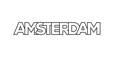 Amsterdam in the Netherlands emblem. The design features a geometric style, vector illustration with bold typography in a modern font. The graphic slogan lettering.