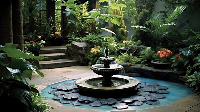 Peaceful meditation garden adorned with a gentle, trickling water fountain. Tranquil oasis, Zen retreat, meditative haven, soothing ambiance, spiritual escape. Generated by AI.