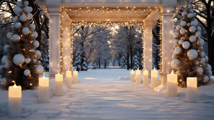 A snow covered walkway with christmas decorations, cozy winter outdoor decorations. Beautiful holiday nature decorated with glowing garlands.
