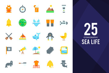 25 Sea Life Flat icons pack. vector illustration.