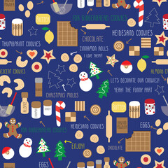 Blue Christmas cookies vector pattern background with gingerbread, thumbprint and santa cookies, and different cooking ingredients