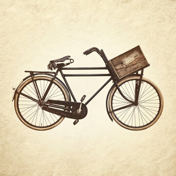 Sepia toned image of a vintage black cargo bicycle with old wooden transport crate