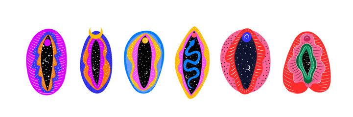 abstract image of a vagina. outer space, planets, moon and stars. snake tempter and plant herbs. printing on fabric and paper. radical feminism. vector