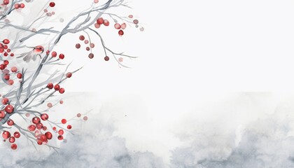  A Delicate Light Grey Watercolor Texture Adorned with Watercolor Red Berries, Creating a Graceful and Joyful Christmas Background Design for Your Holiday Greetings and Creative Projects