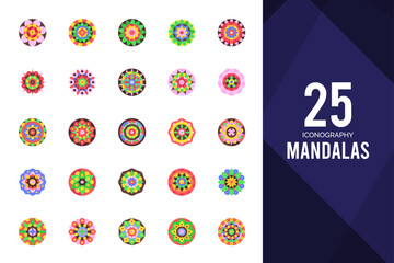 25 Mandalas Flat icons pack. vector illustration.