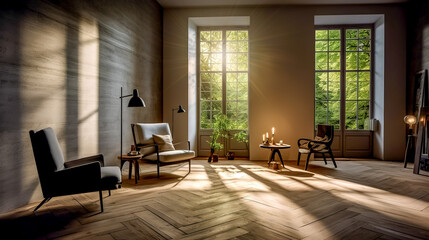 the sun shining through the window of the living room creates light and shadow in the modern interior, studio