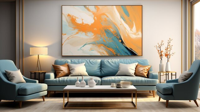 Modern eingerichtetes Wohnzimmer mit abstraktem Bild an der Wand