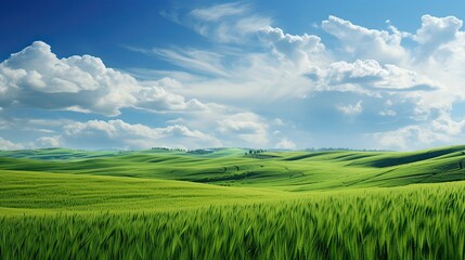 Obraz premium Stunning rural panorama, boundless countryside beauty, sweeping green meadows, tranquil farmland, serene agricultural view, abundant harvest, rural serenity. Generated by AI.
