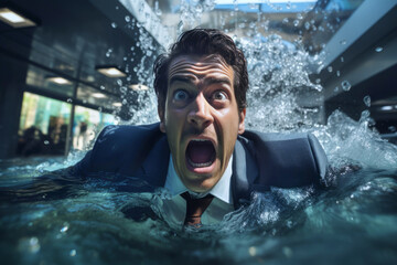 A stressed and desperate businessman submerged by water in his workplace, having a burnout because of excess working, mental load, economic crisis, depression and recession - Panic on Finance - obrazy, fototapety, plakaty