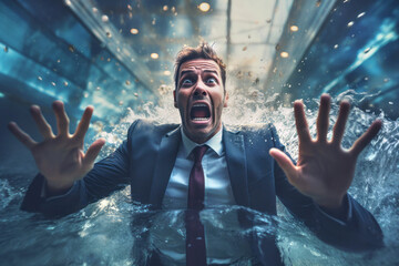 A stressed and desperate businessman submerged by water in his workplace, having a burnout because of excess working, mental load, economic crisis, depression and recession - Panic on Finance