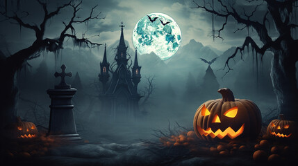 Mystical Halloween Background: Jack-o'-Lantern in a Spooky Forest with a Full Moon and Bats