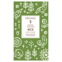 RICE PACKAGING Groats Abstract Nature Modern Vector Template With White Birds And Plants On Green Color Background Organic Design With Hand Drawn Sketch