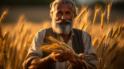 Indian farmer holding crop plant in his Wheat field
