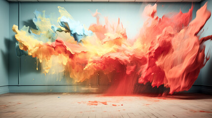 Fototapeta na wymiar He painted a vivid scene of colors running across a wall.