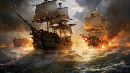 Fototapeta premium Battle between rival pirate crews, where cannons blast and the ocean trembles with the intensity of swashbuckling conflict. Maritime mayhem, cannonfire drama. Generated by AI.