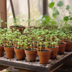 Pots with young sprouts in greenhouse in spring