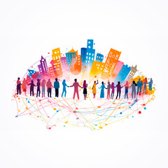 Cooperative Teamwork Concept Illustration on a White Background city skyline with splashes