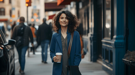 Portrait of beautiful young woman walking confidently down a city street, stylish pretty woman walking down narrow city street, flying hair