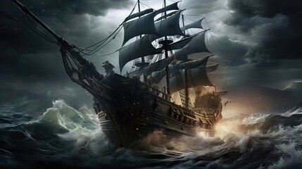 Stormy seas, where the ominous backdrop creates a sense of foreboding. Pirate's escapade, maritime allure, foreboding elements, treasure-hunting excitement. Generated by AI.
