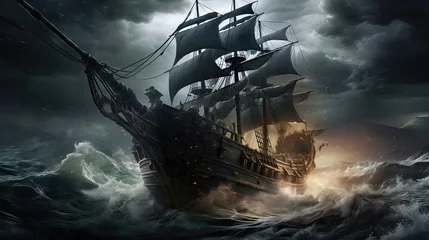 Poster Stormy seas, where the ominous backdrop creates a sense of foreboding. Pirate's escapade, maritime allure, foreboding elements, treasure-hunting excitement. Generated by AI. © Кирилл Макаров