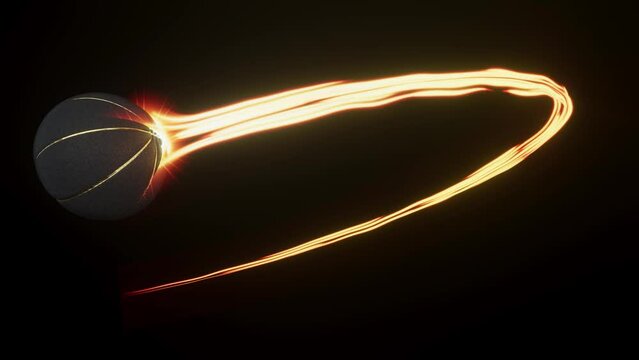 A basketball sport ball swooping in an arc shape through the air with a flowing travelling trail of glowing wispy lights on an isolated black background with alpha channel
