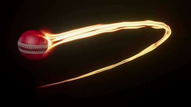 A red cricket sport ball swooping in an arc shape through the air with a flowing travelling trail of glowing wispy lights on an isolated black background with alpha channel