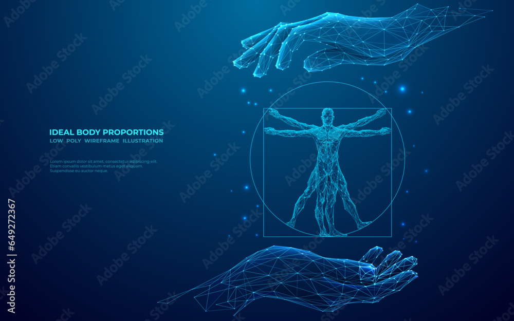 Aufkleber A man covers an abstract icon of the Vitruvian Man with his hands. Digital science or anatomy concept. Low poly wireframe vector illustration in blue hologram polygonal style. Geometric image.