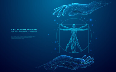 Fototapeta A man covers an abstract icon of the Vitruvian Man with his hands. Digital science or anatomy concept. Low poly wireframe vector illustration in blue hologram polygonal style. Geometric image. obraz