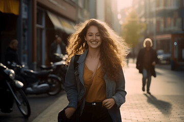 Portrait of beautiful young woman walking confidently down a city street, stylish pretty woman walking down narrow city street, flying hair