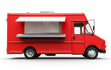Red food truck on white background with space for text