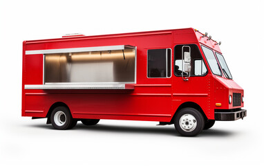 Obraz na płótnie Canvas A vibrant red fast food truck against a warm white background, serving as a template with available space, complete with a clipping path.